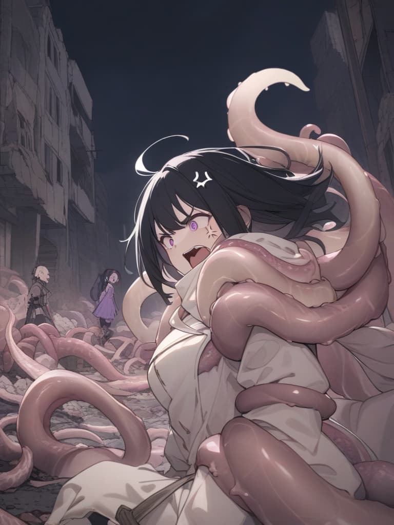  Tentacle Background,Manipulate the tentacles,((Tentacles coming out of the back,beige Tentacles,beige feeler,beige sharp tentacle))1.8,((Anger,screaming,hatred))1.2,murderous intent,mouths open,running,tattered clothes,rubble,collapsed buildings,cool girl,Black hair,(purple eyes),short,cropped hair,crescent moon hair ornament, masterpiece, best quality,8k,ultra detailed,high resolution,an extremely delicate and beautiful,hyper detail