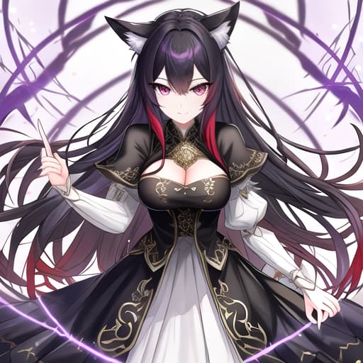  a girl manhua character with black and red hair with purple eyes with white skin has a fox ears and nine teals wearing noble dress hyperrealistic, full body, detailed clothing, highly detailed, cinematic lighting, stunningly beautiful, intricate, sharp focus, f/1. 8, 85mm, (centered image composition), (professionally color graded), ((bright soft diffused light)), volumetric fog, trending on instagram, trending on tumblr, HDR 4K, 8K