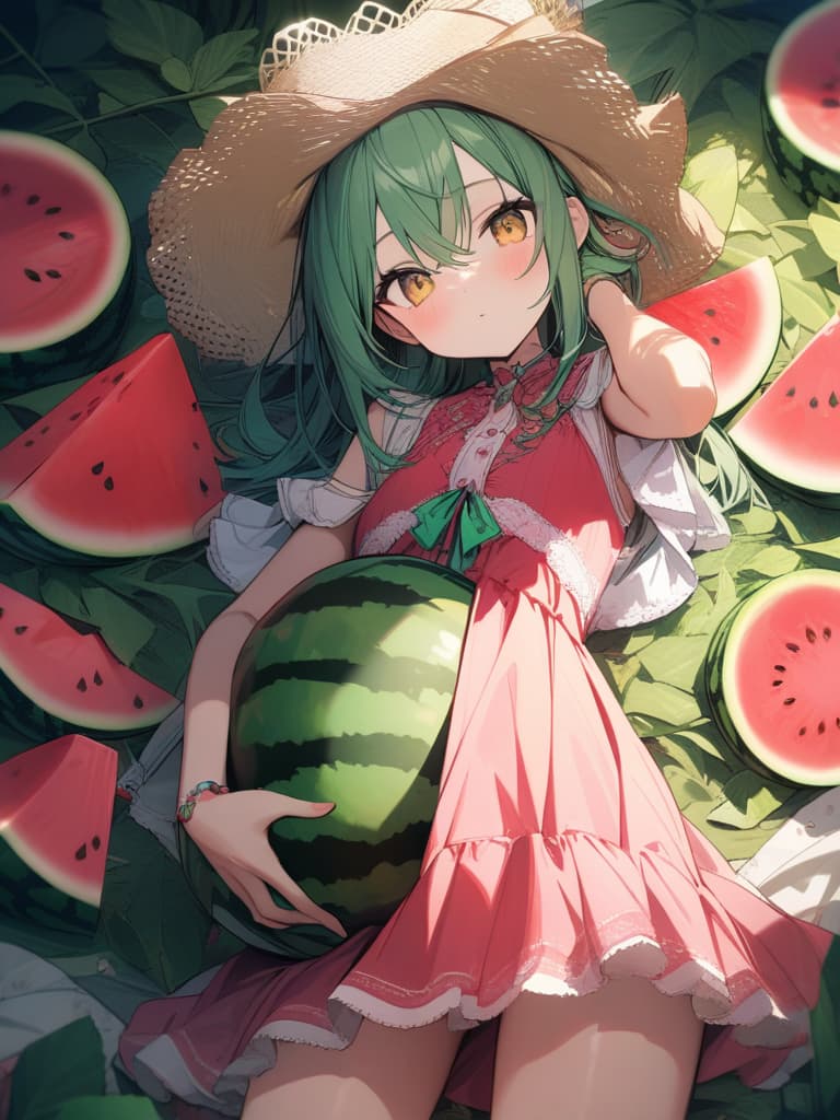  Cute, , thin body, green hair, yellow eyes, watermelon, watermelon, red and green dress, watermelon decoration, eyes, frills, masterpiece, best quality,8k,ultra detailed,high resolution,an extremely delicate and beautiful,hyper detail