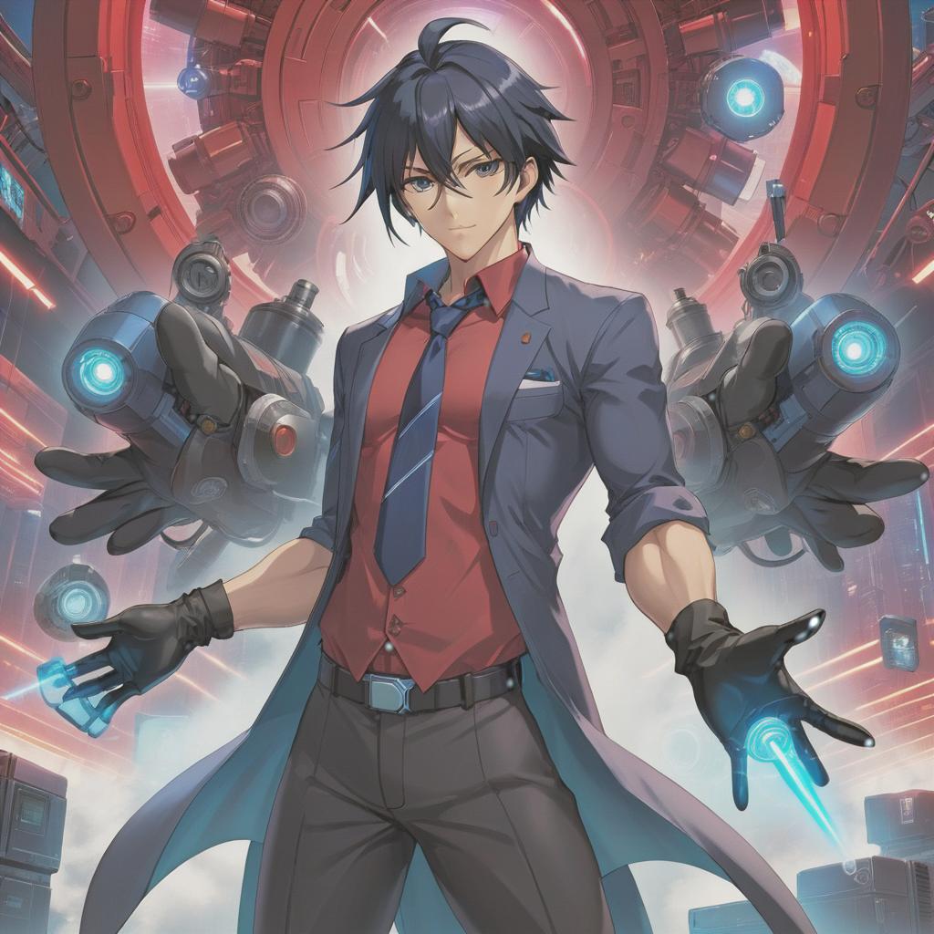  anime artwork A man, red shirt, tie, long black gloves. Dark blue long hair, long sideburns, scientist, mechanic, cyberpunk. . anime style, key visual, vibrant, studio anime, highly detailed hyperrealistic, full body, detailed clothing, highly detailed, cinematic lighting, stunningly beautiful, intricate, sharp focus, f/1. 8, 85mm, (centered image composition), (professionally color graded), ((bright soft diffused light)), volumetric fog, trending on instagram, trending on tumblr, HDR 4K, 8K