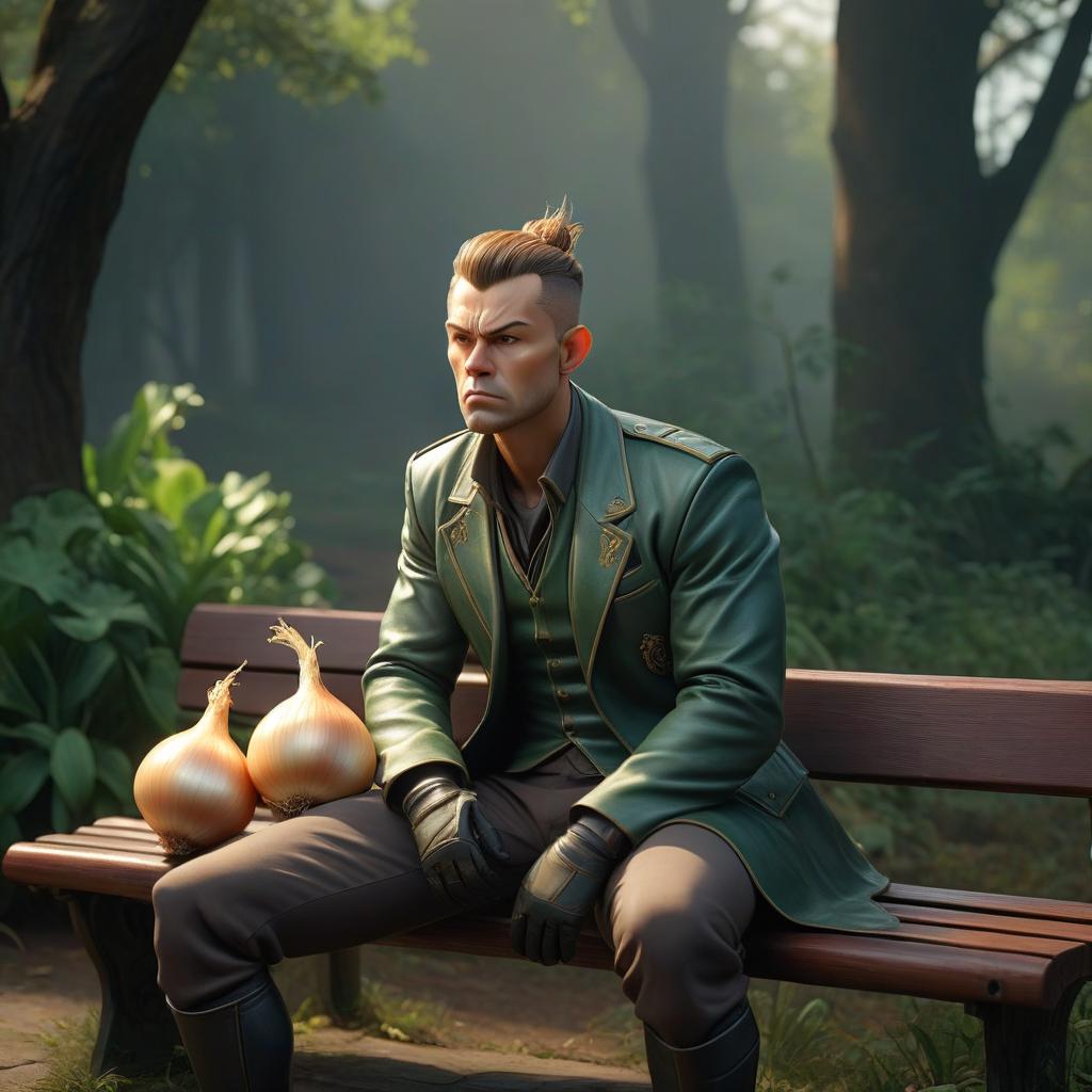  concept art Onion Perey, sad, sits, waits on a bench. . digital artwork, illustrative, painterly, matte painting, highly detailed hyperrealistic, full body, detailed clothing, highly detailed, cinematic lighting, stunningly beautiful, intricate, sharp focus, f/1. 8, 85mm, (centered image composition), (professionally color graded), ((bright soft diffused light)), volumetric fog, trending on instagram, trending on tumblr, HDR 4K, 8K