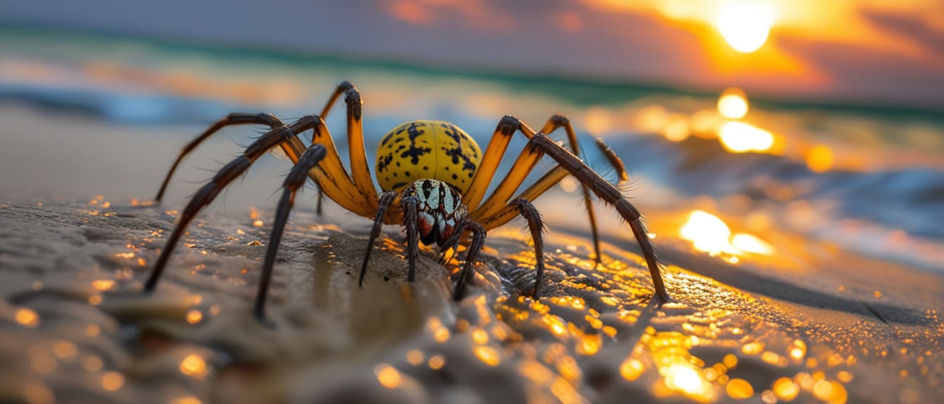  best quality, HD, Banana Spider on sand stone water beach in close up with the sunset sky,