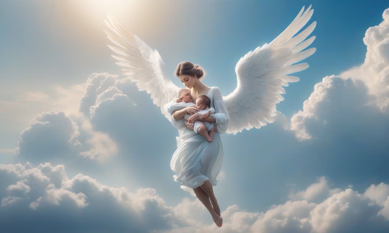  An angel holds an infant in its arms, flies towards the blue sky, around a cloud. hyperrealistic, full body, detailed clothing, highly detailed, cinematic lighting, stunningly beautiful, intricate, sharp focus, f/1. 8, 85mm, (centered image composition), (professionally color graded), ((bright soft diffused light)), volumetric fog, trending on instagram, trending on tumblr, HDR 4K, 8K