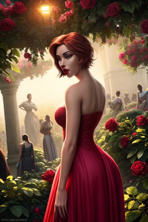  Ultra realistic picture, full lenght picture, Scarlett Johansson, amazing , beautiful , dark make up, pale skin, beautiful face, short haircut, ultra short dress, deep age, ful, carmin red lips, medium s, on, slip, , dressed ladies, crowded place, ladies around, crowded rose garden, Summer heat hyperrealistic, full body, detailed clothing, highly detailed, cinematic lighting, stunningly beautiful, intricate, sharp focus, f/1. 8, 85mm, (centered image composition), (professionally color graded), ((bright soft diffused light)), volumetric fog, trending on instagram, trending on tumblr, HDR 4K, 8K