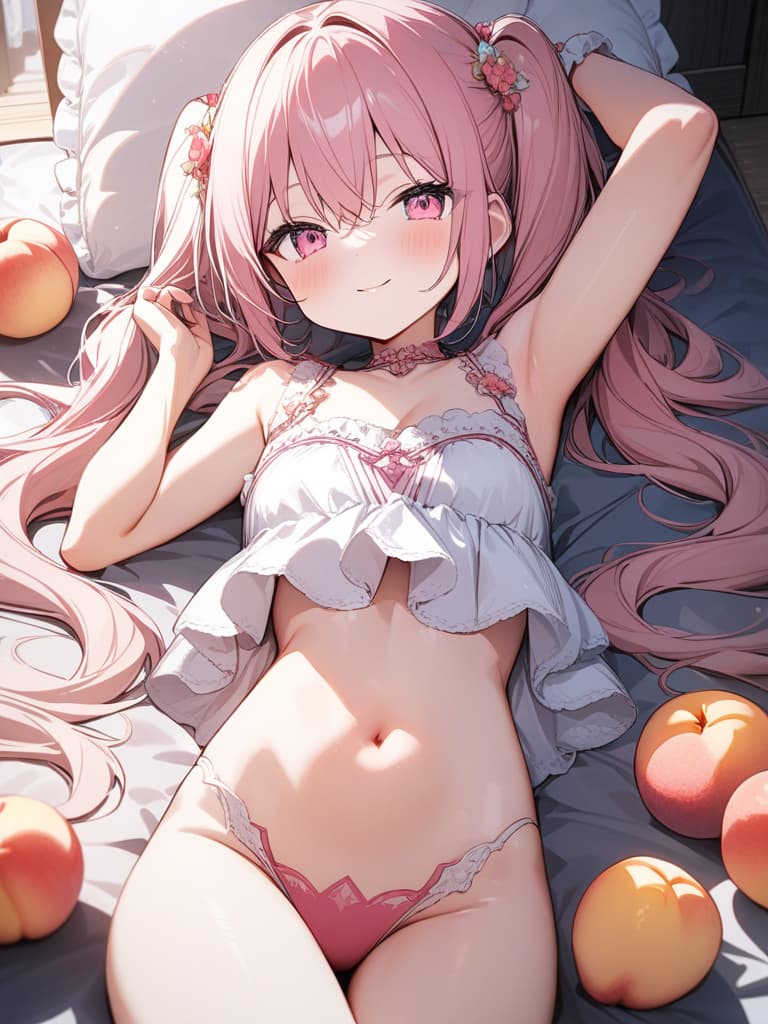  Cute, , thin body, fluffy hair, fluffy long hair, twin tails, pink eyes, pink eyes, sauce, peach decoration, peach, smile, , stomach, nap, , ,,,, masterpiece, best quality,8k,ultra detailed,high resolution,an extremely delicate and beautiful,hyper detail