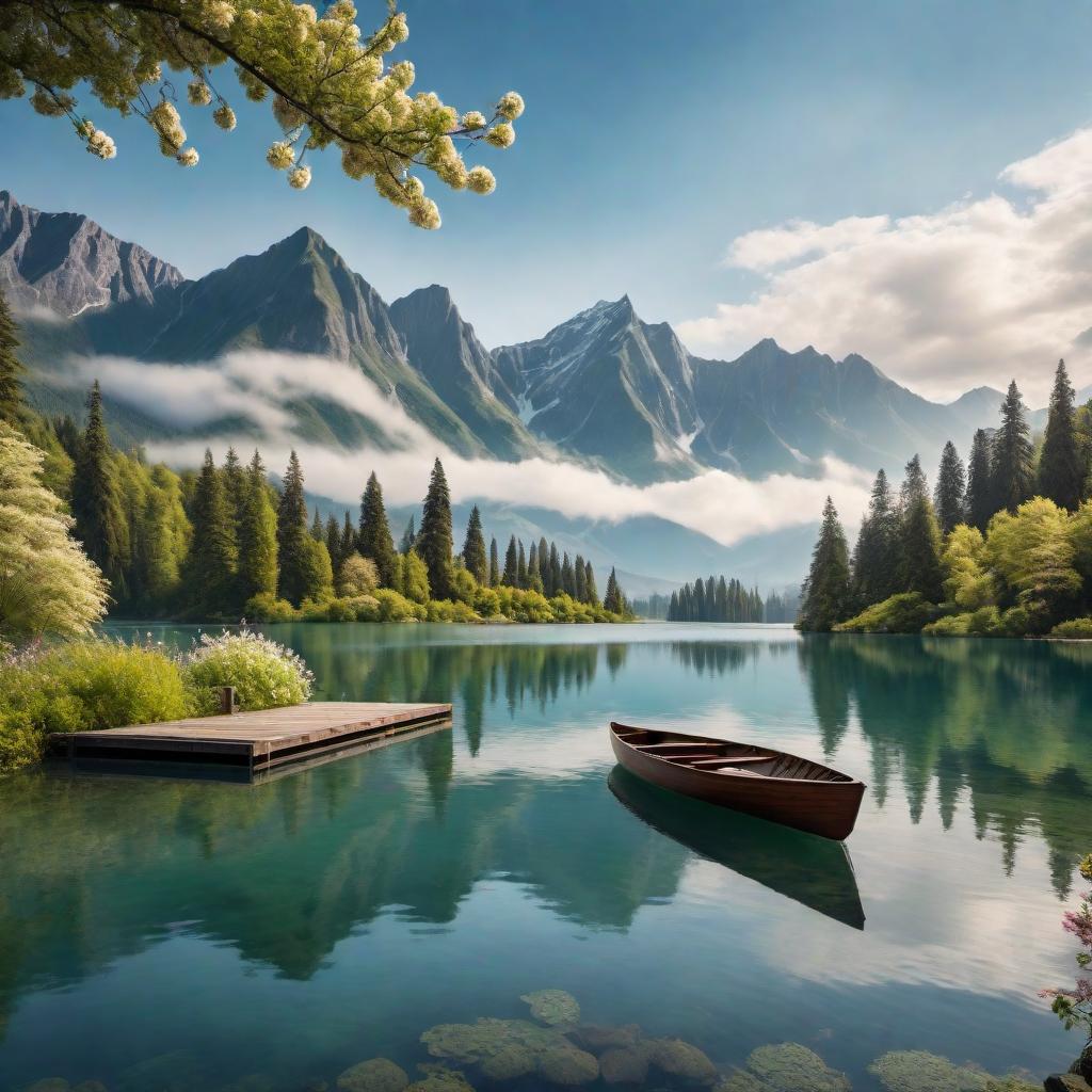  A beautiful landscape scene featuring a serene lake surrounded by lush greenery. In the background, majestic mountains rise up under a clear blue sky with a few fluffy clouds. Along the lake's shore, there are flowering plants and a couple of tall trees. A small, picturesque wooden dock extends into the lake, and a rowboat is tethered to the dock. The water is calm and reflects the scenery, creating a mirror-like effect. hyperrealistic, full body, detailed clothing, highly detailed, cinematic lighting, stunningly beautiful, intricate, sharp focus, f/1. 8, 85mm, (centered image composition), (professionally color graded), ((bright soft diffused light)), volumetric fog, trending on instagram, trending on tumblr, HDR 4K, 8K