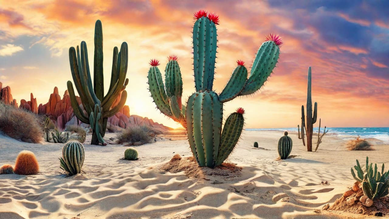  best quality, HD, Beach summer panoramic background with cactus on the sand