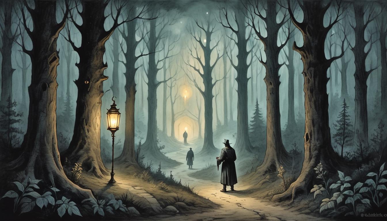  on parchment, surrealism+++, A lone figure holding a glowing lantern, standing at the edge of a dark forest, path illuminated by the lantern's light, guiding presence, beacon of hope, contrast between light and darkness, leadership(mysterious, provocative, symbolic,muted color)+++