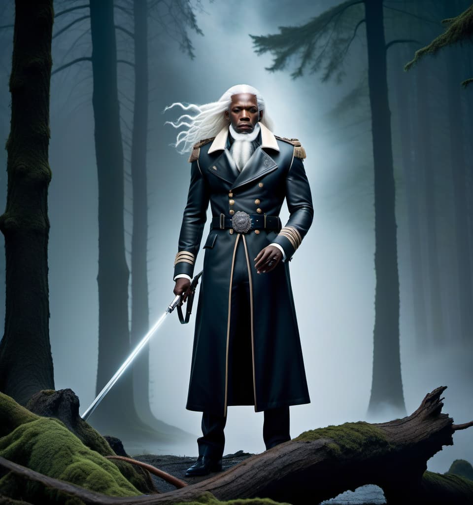  lovecraftian horror A black man, a soldier, in a coat, two sheathes on his belt, a light beard, long white hair, standing upright, muscular body, height 2 meters. . eldritch, cosmic horror, unknown, mysterious, surreal, highly detailed hyperrealistic, full body, detailed clothing, highly detailed, cinematic lighting, stunningly beautiful, intricate, sharp focus, f/1. 8, 85mm, (centered image composition), (professionally color graded), ((bright soft diffused light)), volumetric fog, trending on instagram, trending on tumblr, HDR 4K, 8K