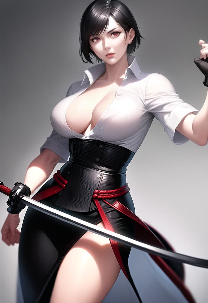  black hair, very short hair, woman, older sister, mature, white dress shirt, red corset, black leather pants, long Japanese sword, muscular, accurate eyes, accurate hands, Japanese armor on shoulders and arms,cowboy shot, (Masterpiece, BestQuality:1.3), (ultra detailed:1.2), (hyperrealistic:1.3), (RAW photo:1.2),High detail RAW color photo, professional photograph, (Photorealistic:1.4), (realistic:1.4), ,professional lighting, (japanese), beautiful face, (realistic face)