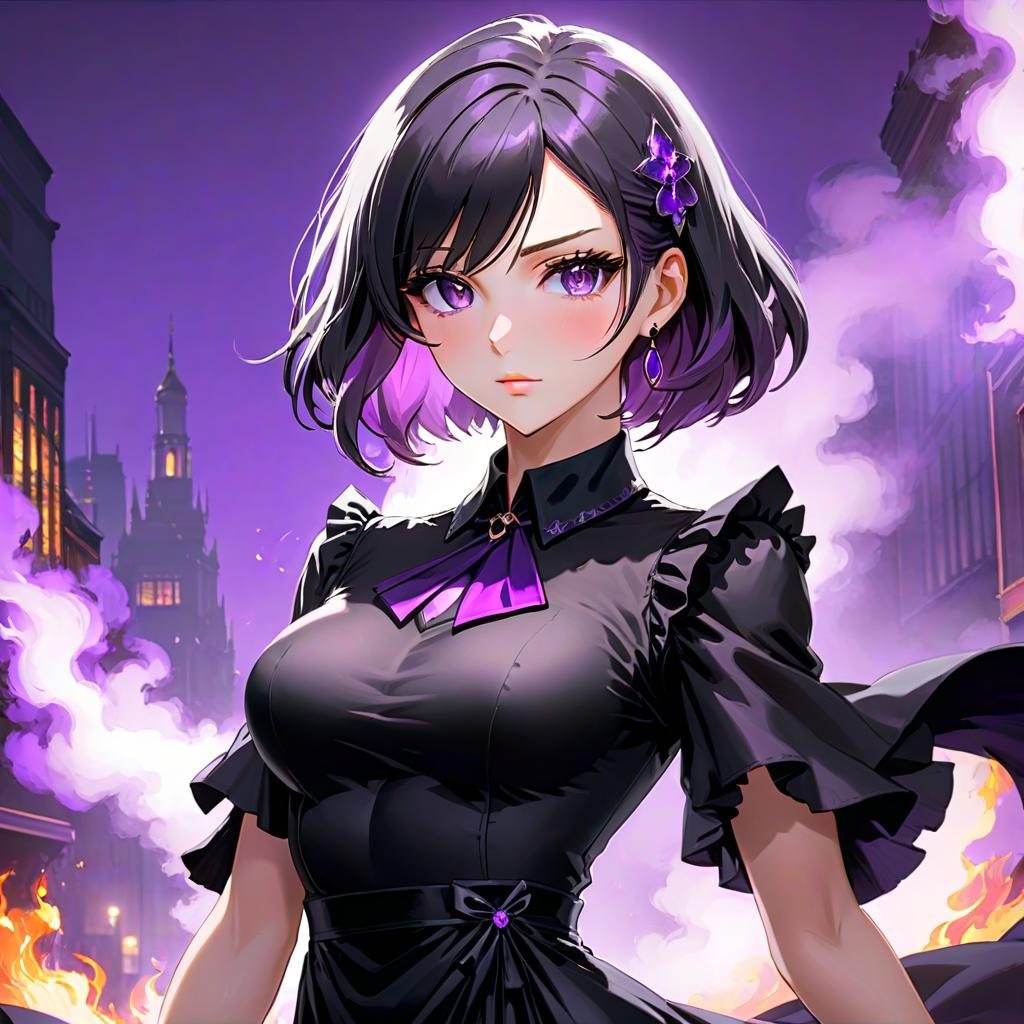  concept art woman in a black dress with a purple collar, anime style, half of the body is visible, 8k, digital anime illustration, purple effects, purple fire, purple background with effects . digital artwork, illustrative, painterly, matte painting, highly detailed hyperrealistic, full body, detailed clothing, highly detailed, cinematic lighting, stunningly beautiful, intricate, sharp focus, f/1. 8, 85mm, (centered image composition), (professionally color graded), ((bright soft diffused light)), volumetric fog, trending on instagram, trending on tumblr, HDR 4K, 8K