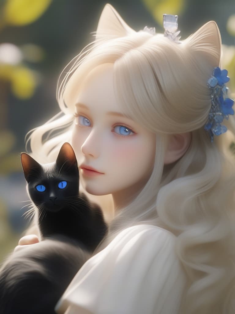  Masterpiece, ((Metamorphosis: A Beautiful Blone Girl0.7 → A Black Cat with Sapphire Eyes0.3), SUPER SENSITIVE, SUPER High , 16K, masterpiece, best quality,8k,ultra detailed,high resolution,an extremely delicate and beautiful,hyper detail