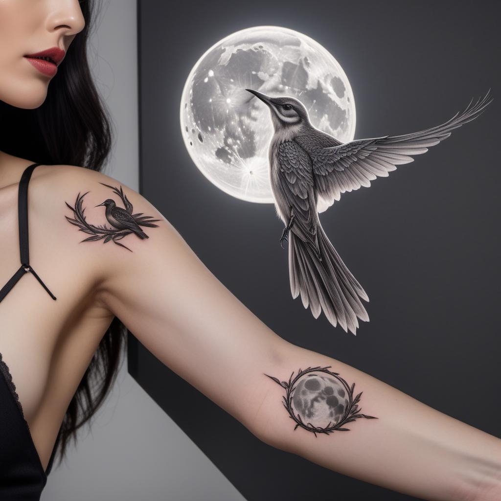  A tattoo design featuring a full moon with a hand releasing a bird upwards towards the moon. The design should be artistic and monochromatic, using black ink to create a sense of mystery and elegance. The background should be minimalistic to draw focus on the moon, bird, and hand. hyperrealistic, full body, detailed clothing, highly detailed, cinematic lighting, stunningly beautiful, intricate, sharp focus, f/1. 8, 85mm, (centered image composition), (professionally color graded), ((bright soft diffused light)), volumetric fog, trending on instagram, trending on tumblr, HDR 4K, 8K