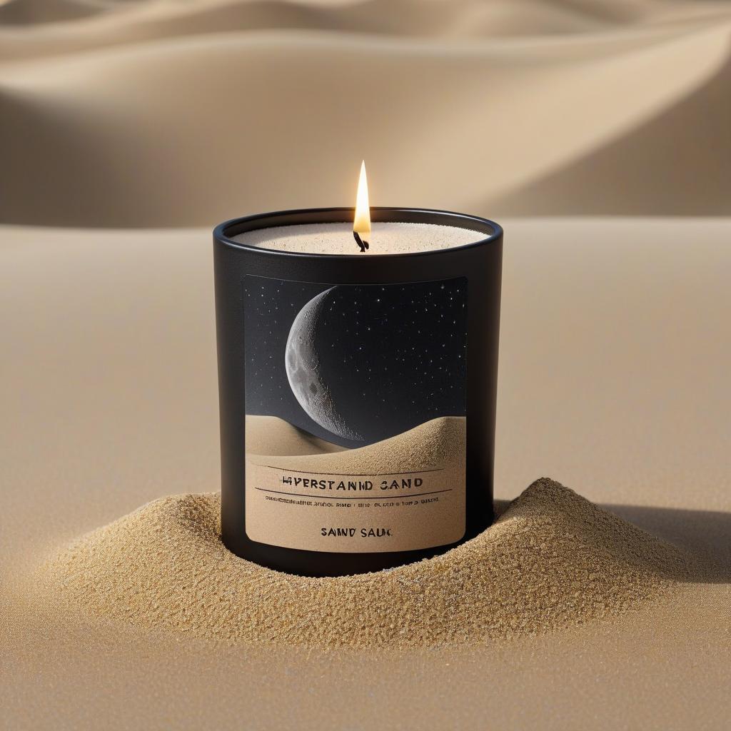  Photo, a candle in a black bank with a sand colored label and sandy texture, against a backdrop of sand and sandy texture, a crescent shaped moon and moon style decorations, luminary in the shape of the moon. Brand name Moon Sand. hyperrealistic, full body, detailed clothing, highly detailed, cinematic lighting, stunningly beautiful, intricate, sharp focus, f/1. 8, 85mm, (centered image composition), (professionally color graded), ((bright soft diffused light)), volumetric fog, trending on instagram, trending on tumblr, HDR 4K, 8K