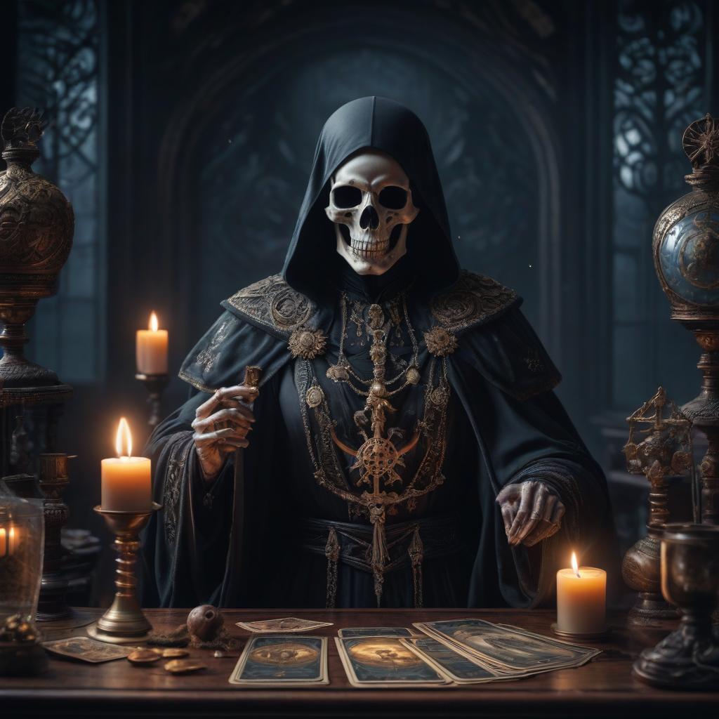  Draw a tarot card of Death. hyperrealistic, full body, detailed clothing, highly detailed, cinematic lighting, stunningly beautiful, intricate, sharp focus, f/1. 8, 85mm, (centered image composition), (professionally color graded), ((bright soft diffused light)), volumetric fog, trending on instagram, trending on tumblr, HDR 4K, 8K