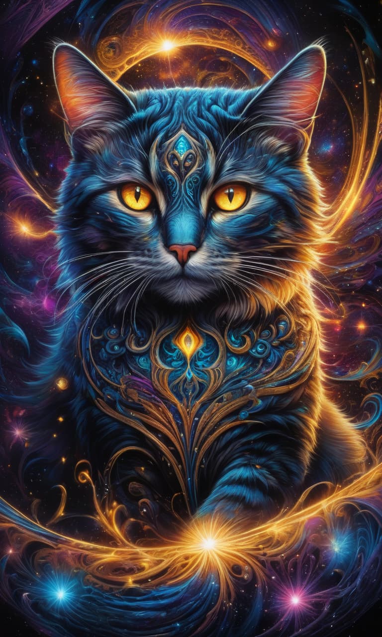  (psychedelic art, highly detailed, fantasy art:1.3), mesmerizing cat's face, intense glowing eyes with swirling colors, stunning blend of black, blue, and yellow hues, intricate patterns and designs, cosmic background with galaxies and stars, ethereal and mystical atmosphere, otherworldly beauty, intricate celestial patterns, cosmic energy radiating from the eyes, mesmerizing and captivating gaze, transcendent and surreal, vibrant and dynamic composition, close up shot capturing every intricate detail. hyperrealistic, full body, detailed clothing, highly detailed, cinematic lighting, stunningly beautiful, intricate, sharp focus, f/1. 8, 85mm, (centered image composition), (professionally color graded), ((bright soft diffused light)), volumetric fog, trending on instagram, trending on tumblr, HDR 4K, 8K