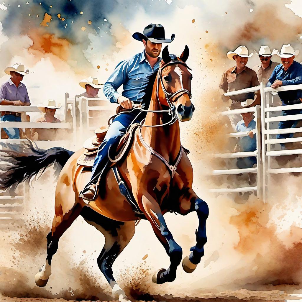  Create a watercolor painting of a man ridding a bucking horse at a rodeo. The background features soft, watercolor style splashes in earthy tones, giving the image an artistic and dreamy feel. Ensure the overall image has a delicate watercolor effect.