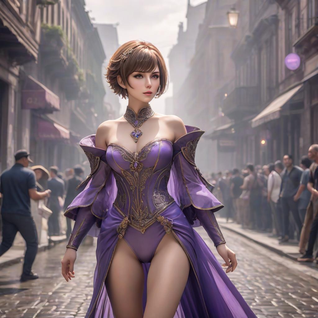  The goddess of beauty and femininity. Light brown short hair, slim body, purple eyes hyperrealistic, full body, detailed clothing, highly detailed, cinematic lighting, stunningly beautiful, intricate, sharp focus, f/1. 8, 85mm, (centered image composition), (professionally color graded), ((bright soft diffused light)), volumetric fog, trending on instagram, trending on tumblr, HDR 4K, 8K