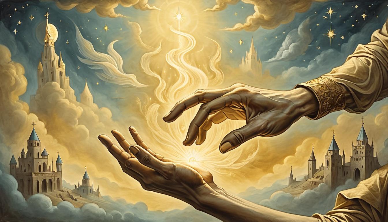  on parchment, surrealism+++, A celestial hand reaching down from the sky, golden light emanating from the fingertips, ethereal, divine selection, heavenly(mysterious, provocative, symbolic,muted color)+++