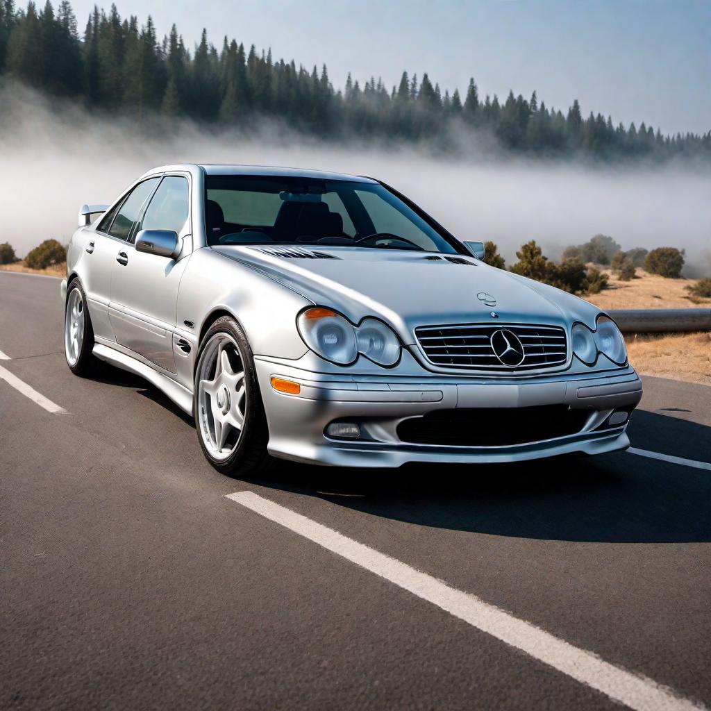  1997 Mercedes AMG C36 in silver color, parked on a road. The distinctive AMG sporty design elements should include a slightly aggressive front grille, alloy wheels, and classic 90's sedan body lines. The background should be simple and unobtrusive to keep the focus on the car. hyperrealistic, full body, detailed clothing, highly detailed, cinematic lighting, stunningly beautiful, intricate, sharp focus, f/1. 8, 85mm, (centered image composition), (professionally color graded), ((bright soft diffused light)), volumetric fog, trending on instagram, trending on tumblr, HDR 4K, 8K