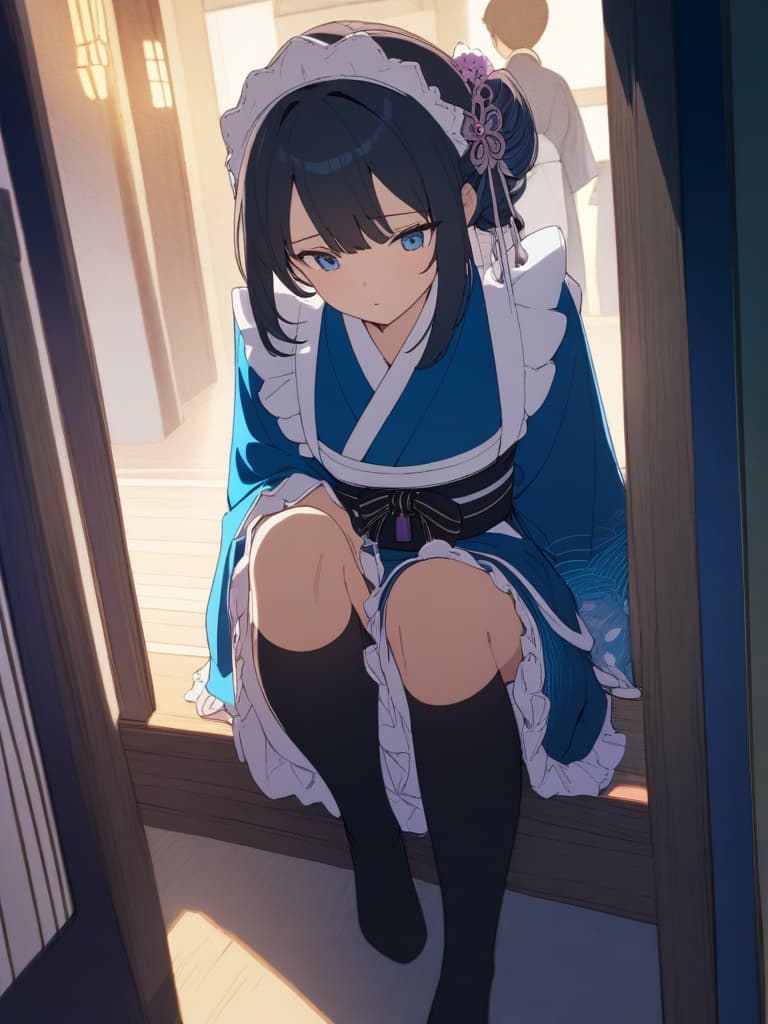  ((Kimono, Kimono Maid, Japanese Style Maid, Wearing Maid Apron Over Kimono, Blue Kimono, Mini Length Kimono, Knee High Socks, Black Tights) CK Hair, Light Blue Eyes, SHY, EMBARRED FACE, MAID HAIR Accessory, Japanese Patterned Kimono, Japanese Style Cafe, Cute, Beautiful Girl, Beautiful, Bes T Shadow, Cute and Beautiful Face, (Masterpiece: 1.2), (Best Quounty: 1.2), Detailed Background, High Contrast, (Best Illumination, An Extremely Delicate and Beautiful), ((Cinematic Light)), Hyper Detail, I, I NTRICATE DETAILS, 8K, Anime, VERY AESTHETIC, close camera work, from head to knee Be, masterpiece, best quality,8k,ultra detailed,high resolution,an extremely delicate and beautiful,hyper detail