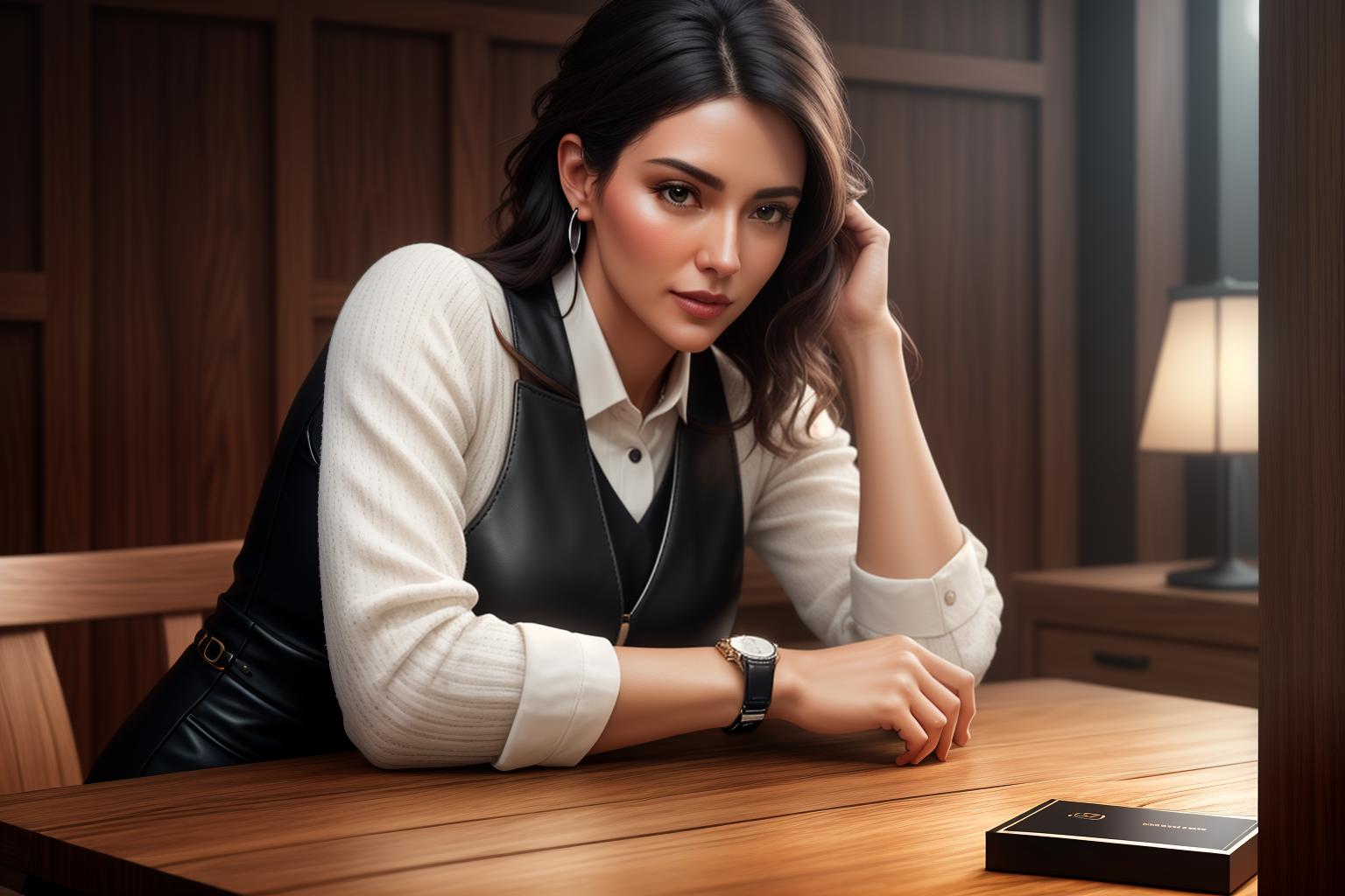  "Closeup of a stylish, modern wristwatch with a sleek black leather strap and a polished silver face, set against a rustic wooden table background. The watch face reflects soft, natural light, highlighting its intricate details and craftsmanship. The background is slightly blurred to keep the focus on the watch, with subtle hints of a cozy, warm lit room in the distance. The image is highly detailed and realistic, capturing the essence of a perfect gift for dads. Quality modifiers: ultra realistic, high definition, 4K resolution. Style modifiers: modern, elegant, sophisticated. Mood: warm, inviting, thoughtful."Ensure no face,leg,hand or eye defomities.Ensure all images are clear, detailed, contains no text and no deformities. realistic, hi hyperrealistic, full body, detailed clothing, highly detailed, cinematic lighting, stunningly beautiful, intricate, sharp focus, f/1. 8, 85mm, (centered image composition), (professionally color graded), ((bright soft diffused light)), volumetric fog, trending on instagram, trending on tumblr, HDR 4K, 8K