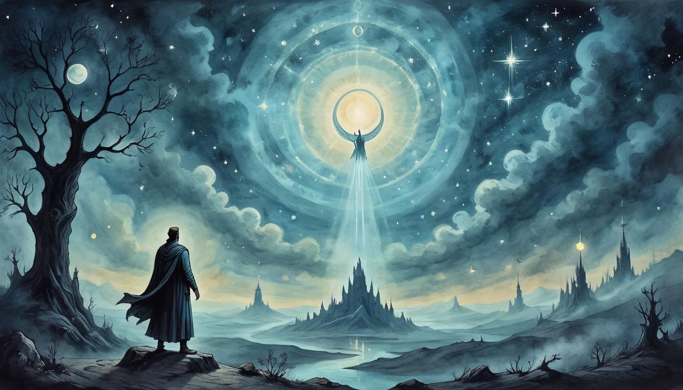  on parchment, surrealism+++, A lone figure standing beneath the night sky, arms raised as if summoning universal forces, ethereal lights glowing softly around them, celestial, otherworldly atmosphere, sense of cosmic power(mysterious, provocative, symbolic,muted color)+++