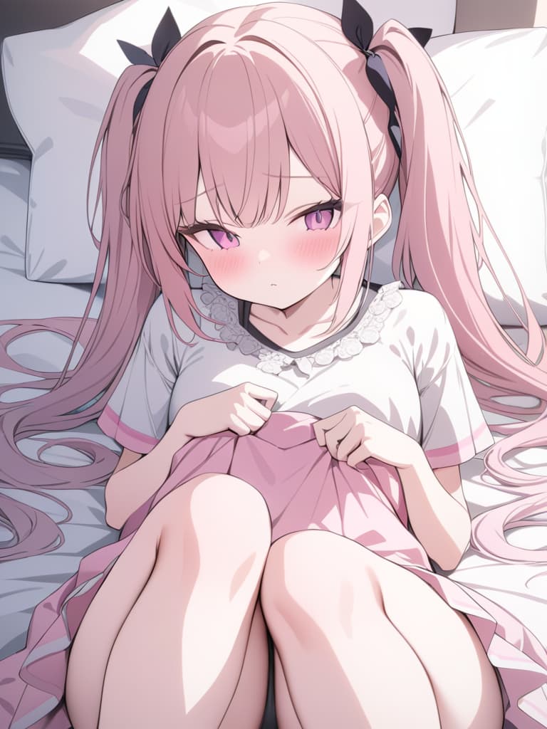  On the bed, girls, earpick, stuffed bears, hair color pink, twin tails, masterpiece, best quality,8k,ultra detailed,high resolution,an extremely delicate and beautiful,hyper detail