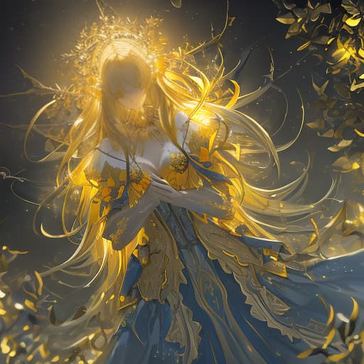  (dark shot:1.4), 80mm, Tender yellow fairy of flowers, golden hair, goddess, elf, soft light, sharp, exposure blend, medium shot, bokeh, (hdr:1.4), high contrast, (cinematic, teal and orange:0.85), (muted colors, dim colors, soothing tones:1.3), low saturation, (hyperdetailed:1.2), (noir:0.4) hyperrealistic, full body, detailed clothing, highly detailed, cinematic lighting, stunningly beautiful, intricate, sharp focus, f/1. 8, 85mm, (centered image composition), (professionally color graded), ((bright soft diffused light)), volumetric fog, trending on instagram, trending on tumblr, HDR 4K, 8K