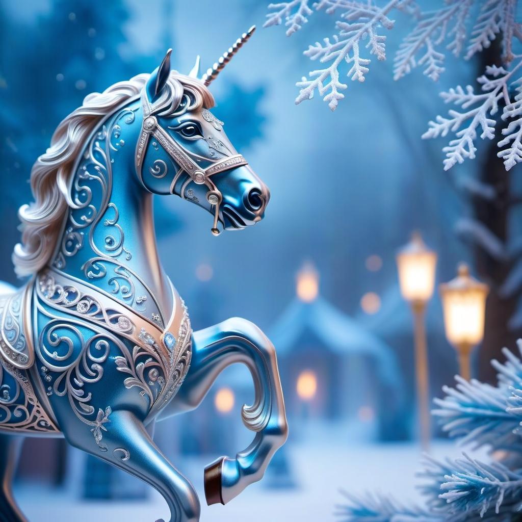  ethereal fantasy concept art of Digital image (double exposure). An attraction in a park. A carousel of ice ponies spinning to the rhythm of a blizzard. Manes of thin openwork snowflakes. Sparkling, sparkling blue neon. Shades of white to blue. (Christmas decor: candy, caramel, wreath, poisettia). Unusual designs, sparkling surfaces. Lots of snowflakes. White snow. Silver filigree, pattern. Stylisation, decorative. Background : surrealist abstraction. Stylistics : fantasy, fairy tale, Soviet animation. High quality. . magnificent, celestial, ethereal, painterly, epic, majestic, magical, fantasy art, cover art, dreamy, hkmagic hyperrealistic, full body, detailed clothing, highly detailed, cinematic lighting, stunningly beautiful, intricate, sharp focus, f/1. 8, 85mm, (centered image composition), (professionally color graded), ((bright soft diffused light)), volumetric fog, trending on instagram, trending on tumblr, HDR 4K, 8K