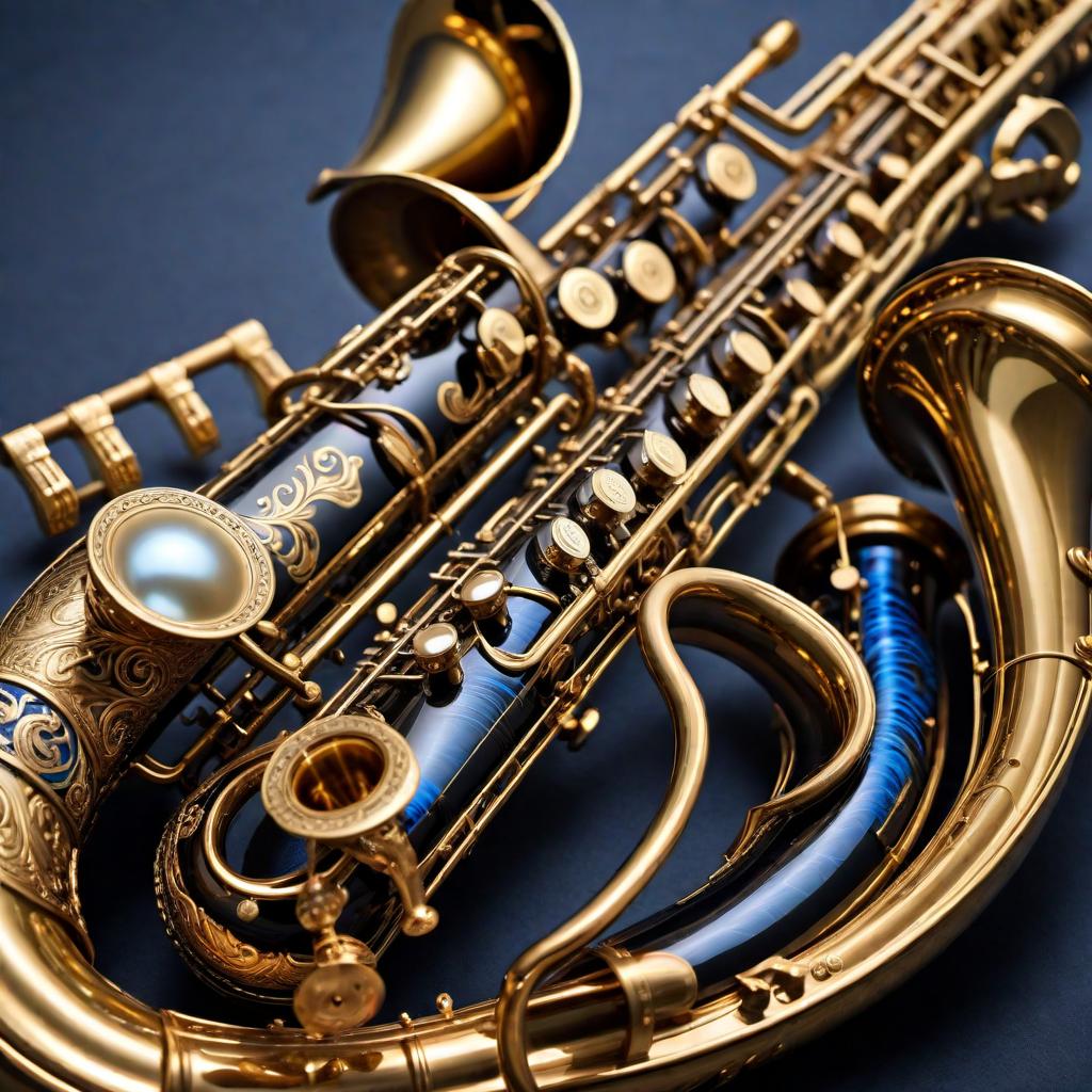  A black and gold tenor saxophone with blue pearl keys and heavy engravings hyperrealistic, full body, detailed clothing, highly detailed, cinematic lighting, stunningly beautiful, intricate, sharp focus, f/1. 8, 85mm, (centered image composition), (professionally color graded), ((bright soft diffused light)), volumetric fog, trending on instagram, trending on tumblr, HDR 4K, 8K