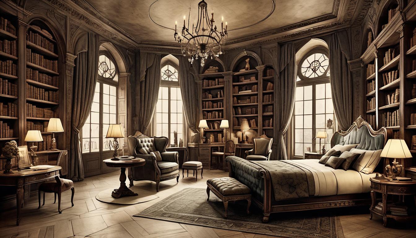  on parchment, surrealism+++, Stylized living quarters arranged to mirror the central stylish figure's sense of harmony, organized bookshelves, elegant furniture, intricate decor, dim ambient lighting, mood of tranquil elegance(mysterious, provocative, symbolic,muted color)+++