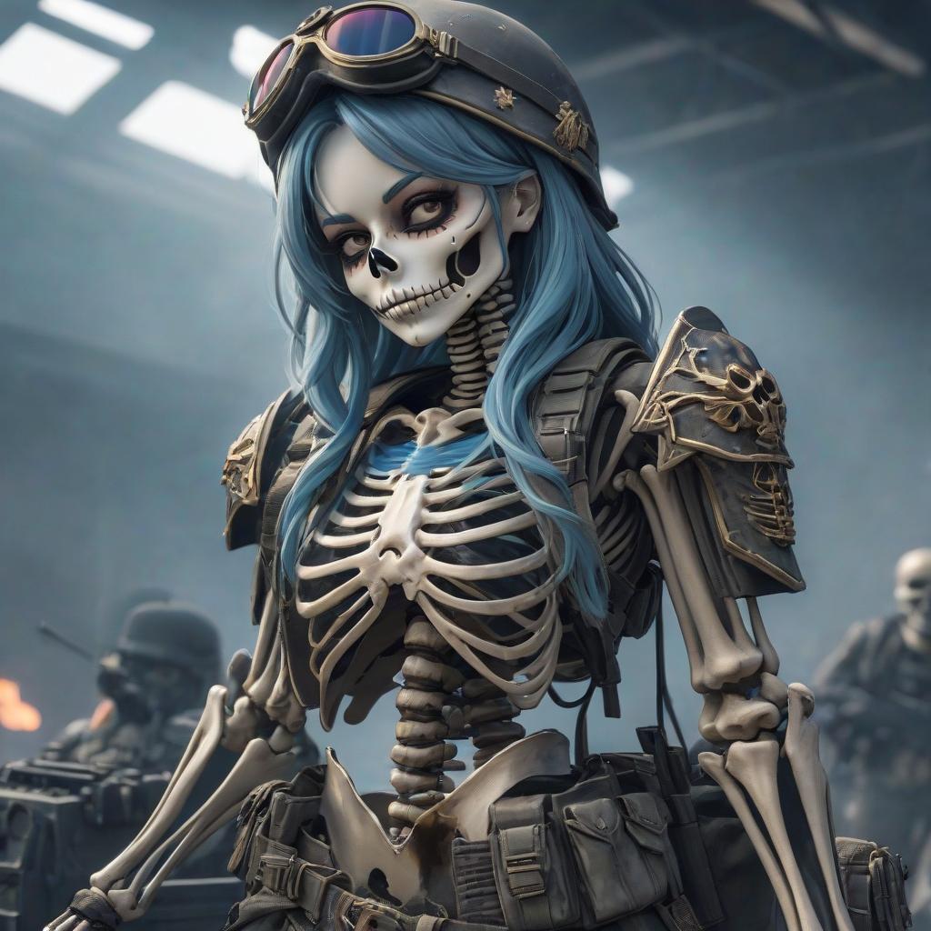  manga style military girl skeleton in army gear . vibrant, high energy, detailed, iconic, Japanese comic style hyperrealistic, full body, detailed clothing, highly detailed, cinematic lighting, stunningly beautiful, intricate, sharp focus, f/1. 8, 85mm, (centered image composition), (professionally color graded), ((bright soft diffused light)), volumetric fog, trending on instagram, trending on tumblr, HDR 4K, 8K