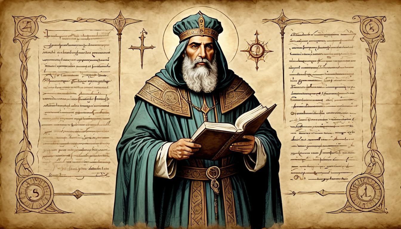  on parchment, surrealism+++, Isaiah in prophetic garb, commanding presence, surrounded by scrolls with glowing script, ancient setting, journey of transformation(mysterious, provocative, symbolic,muted color)+++