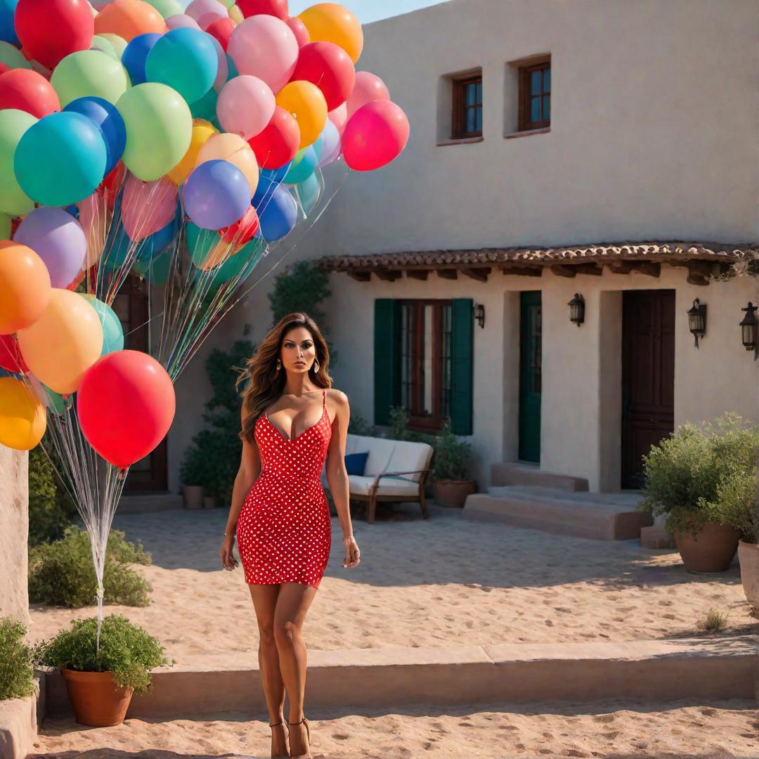  Brunette woman, with long hair and a red polkadot dress, that looks like eva mendez, sitting on the porch of a house from the movie Up, that is floating away using millions of balloons with the new mexico desert on the background hyperrealistic, full body, detailed clothing, highly detailed, cinematic lighting, stunningly beautiful, intricate, sharp focus, f/1. 8, 85mm, (centered image composition), (professionally color graded), ((bright soft diffused light)), volumetric fog, trending on instagram, trending on tumblr, HDR 4K, 8K