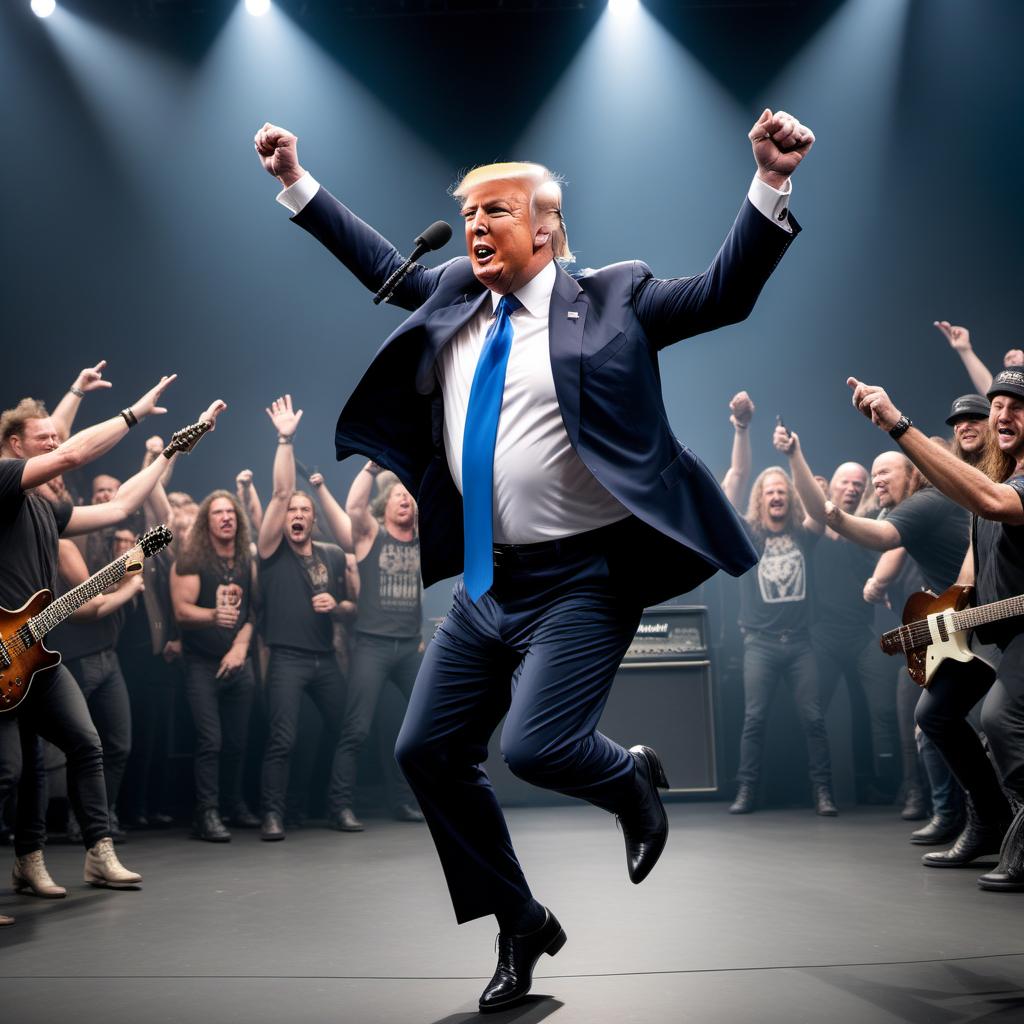  An image of Donald Trump dancing energetically to the song 'For Those About to Rock' by AC/DC. He should be depicted with a lively and animated expression, possibly mid-jump with one arm raised and a wide grin on his face. The background should hint at a rock concert atmosphere with electric guitars, dark stage lighting, and a crowd in silhouette. hyperrealistic, full body, detailed clothing, highly detailed, cinematic lighting, stunningly beautiful, intricate, sharp focus, f/1. 8, 85mm, (centered image composition), (professionally color graded), ((bright soft diffused light)), volumetric fog, trending on instagram, trending on tumblr, HDR 4K, 8K