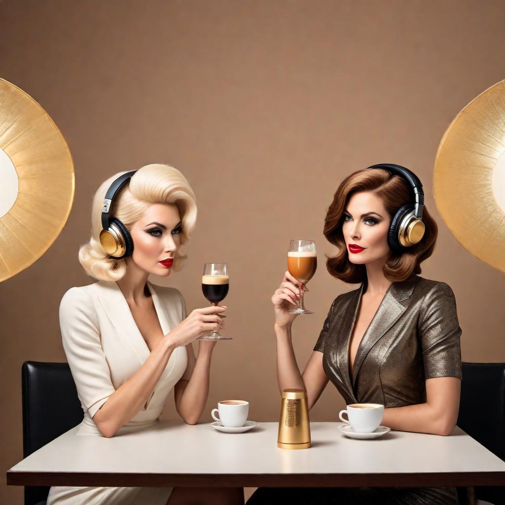  Create several podcast covers in the 60s vintage cartoon style, featuring two distinct women in their late 30s with different hair colors. One woman should have blonde hair, and the other should have dark brown hair. The women should be elegantly dressed in stylish outfits, one holding an espresso martini, and they should appear to be enjoying themselves in an upscale room set up for podcasting with microphones and headphones. The title 'Plotting Greatness' should be prominently displayed on each cover. Use inviting and warm colors like gold, white, and soft pastels to ensure each cover is eye-catching and conveys a sense of refinement, elegance, and success, matching the 60s vintage cartoon aesthetic. hyperrealistic, full body, detailed clothing, highly detailed, cinematic lighting, stunningly beautiful, intricate, sharp focus, f/1. 8, 85mm, (centered image composition), (professionally color graded), ((bright soft diffused light)), volumetric fog, trending on instagram, trending on tumblr, HDR 4K, 8K