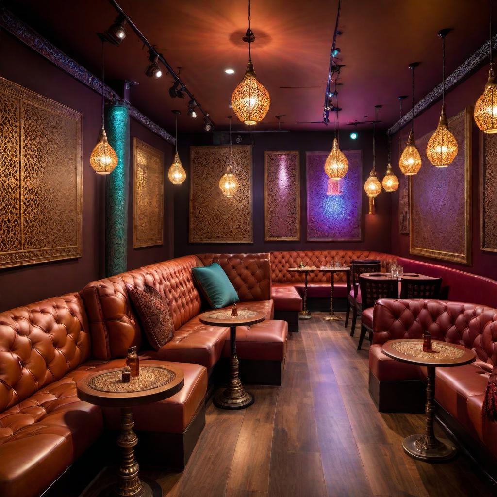  A cozy hookah lounge with a relaxed and social atmosphere. The lounge features comfortable seating areas with sofas and low tables. People are gathered, smoking flavored tobacco from communal hookah pipes. The decor includes traditional Middle Eastern or South Asian elements, with warm lighting, intricate patterns, and rich colors. The ambiance is inviting, with soft music playing in the background. hyperrealistic, full body, detailed clothing, highly detailed, cinematic lighting, stunningly beautiful, intricate, sharp focus, f/1. 8, 85mm, (centered image composition), (professionally color graded), ((bright soft diffused light)), volumetric fog, trending on instagram, trending on tumblr, HDR 4K, 8K