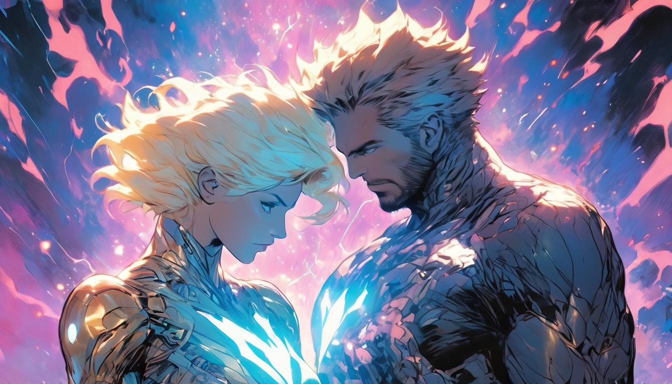  hyperrealism,fantasy aesthetic1woman1man, large busted attractive blonde arian female humanoid and arian male humanoid, web of light, cosmic background, feeling supported, high tech clothing clad in sleek, futuristic costume with metallic accents and form fitting designs, marvel superhero comics style, unreal engine rendering