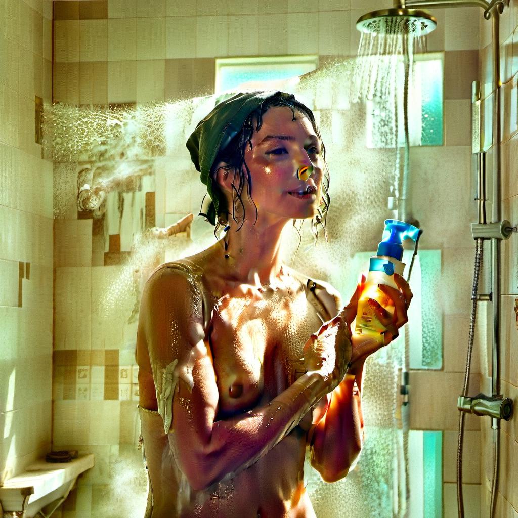  Maximum realistic photo as in a professional advertising shoot. Aesthetic photo of a young woman in a tropical shower, applying white shower gel, standing half sideways. The mood is relaxed, the pose is natural. The manicure is neat, beige, under the color of the skin, well groomed hands. The background is light pale, faintly bluish, homogeneous. The light emphasizes the smoothness of the skin and reflects the properties of the shower gel. Calm, pleasant color scheme. Close up, in the frame only: part of the face and body, namely a light half smile, part of the nose and ear, a little hair gathered in a bundle, neck, hand smearing the gel on the shoulder, thin collarbones. In the gel, an arm, shoulders, neck, FILM PHOTOGRAPHY STYLE hyperrealistic, full body, detailed clothing, highly detailed, cinematic lighting, stunningly beautiful, intricate, sharp focus, f/1. 8, 85mm, (centered image composition), (professionally color graded), ((bright soft diffused light)), volumetric fog, trending on instagram, trending on tumblr, HDR 4K, 8K