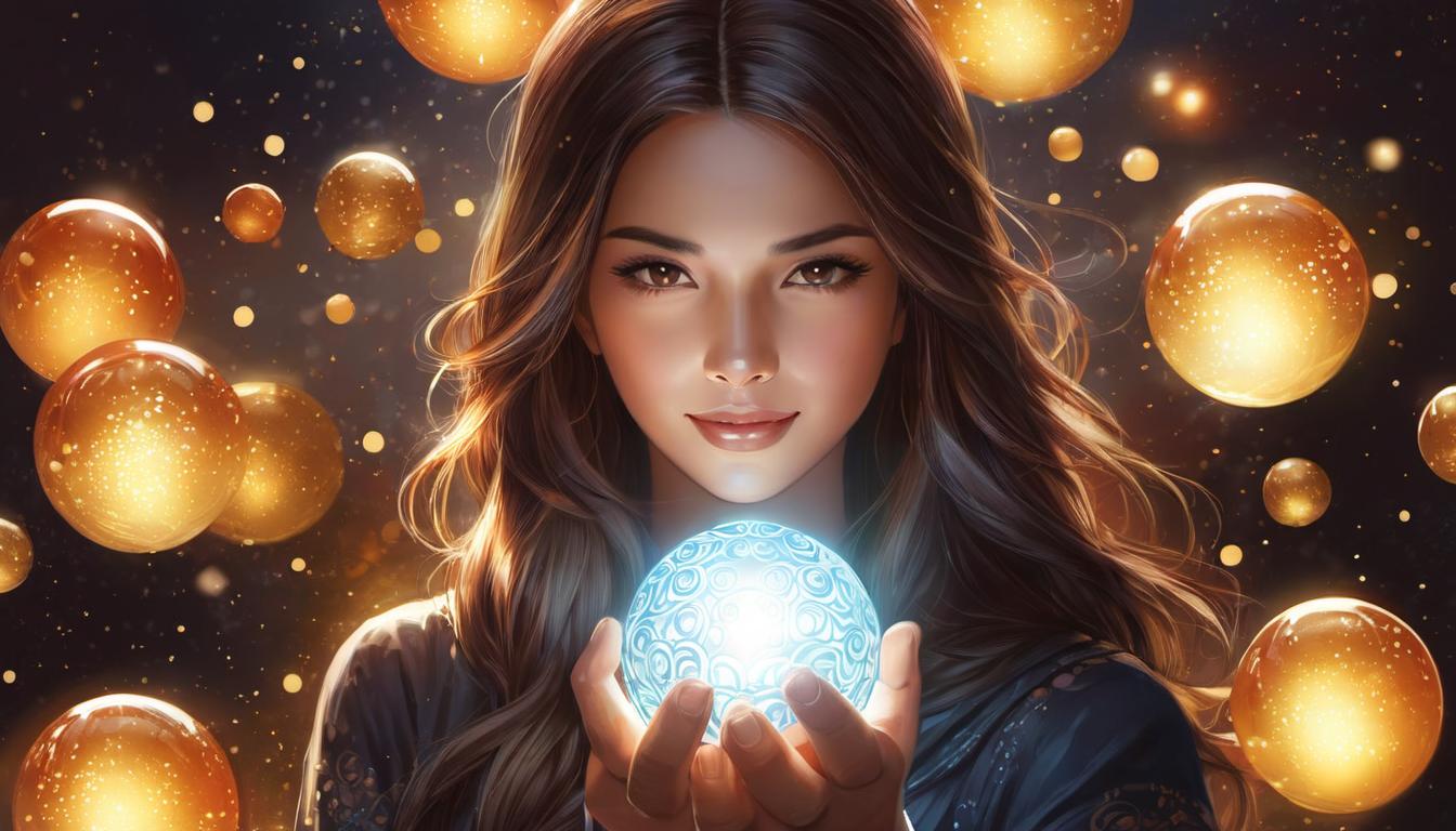  digital illustration, 1woman, holding a glowing orb, surrounded by smaller orbs radiating light, detailed facial features showing satisfaction, warm, inviting light, successful outcomes, confidence, looking at viewer, dynamic pose, (intricate details, masterpiece, best quality)