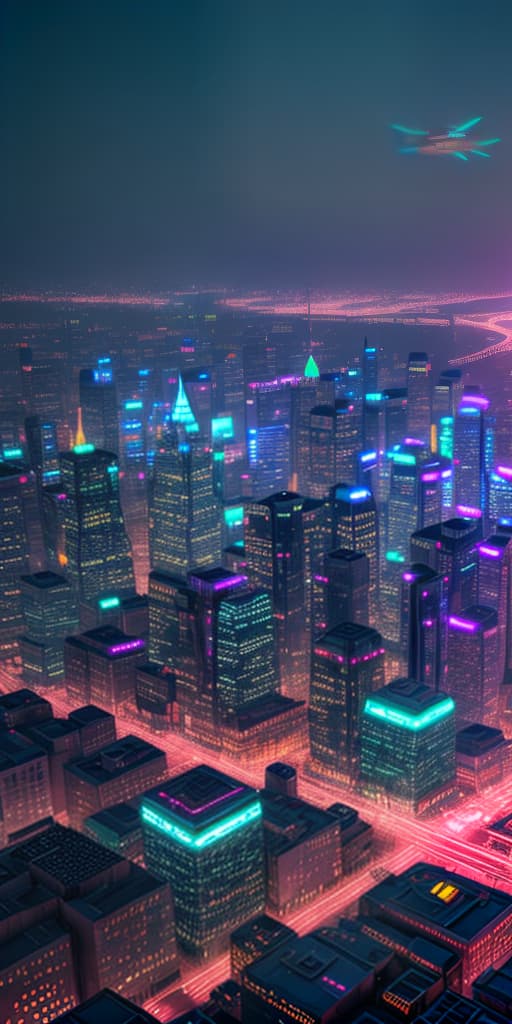  A futuristic cityscape at night, illuminated by neon lights and bustling with flying vehicles and advanced architecture.