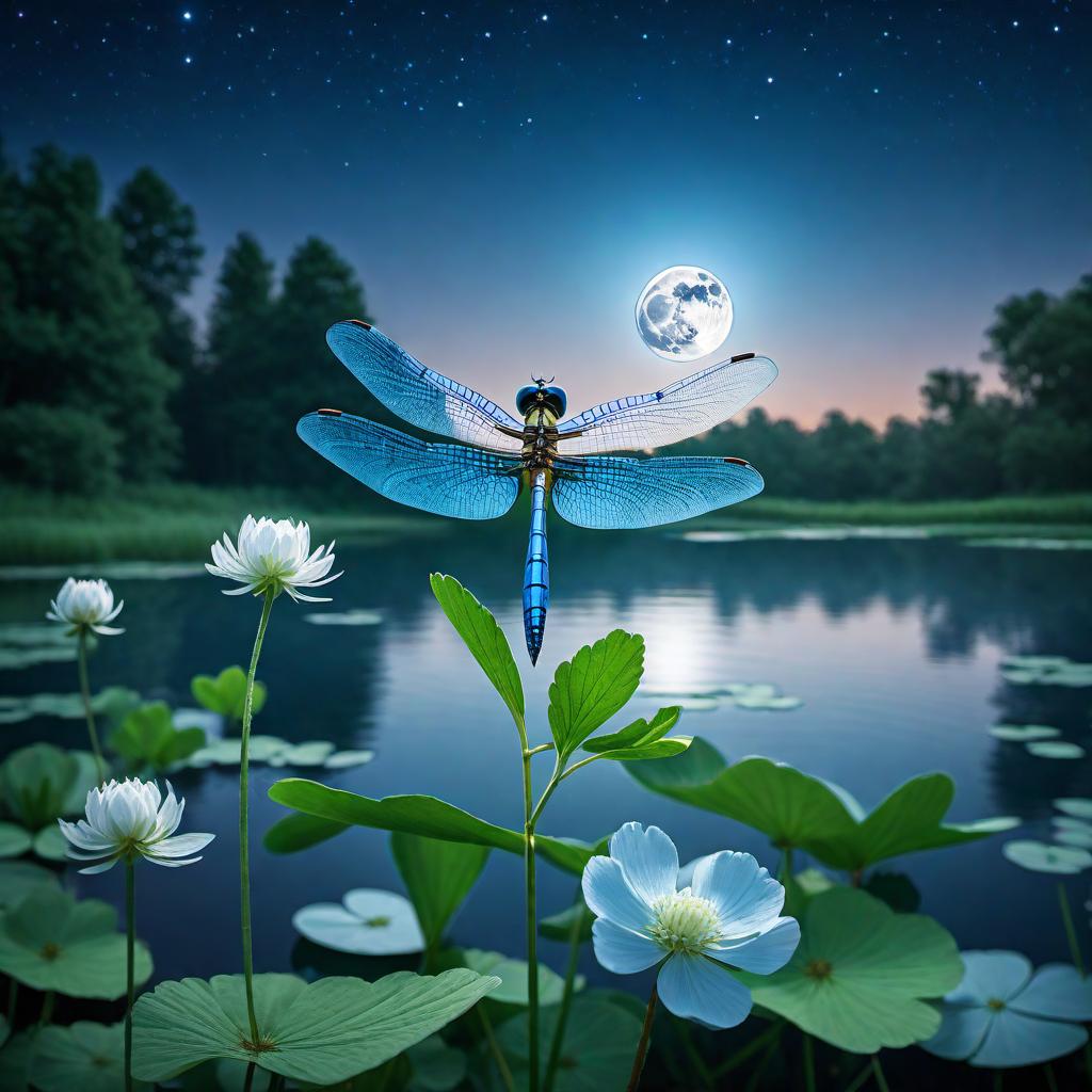  A lower, worm's-eye view looking up at a close-up of a single blue dragonfly flying upwards from a four-leaf clover at the edge of a pond. The pond reflects both the blue dragonfly and the full moon clearly. The background features a blue night sky with a full moon in view and stars lightly scattered around. The image captures the details of the single blue dragonfly, the four-leaf clover, the pond, and the reflections of the blue dragonfly and the moon, with the serene beauty of the night sky. hyperrealistic, full body, detailed clothing, highly detailed, cinematic lighting, stunningly beautiful, intricate, sharp focus, f/1. 8, 85mm, (centered image composition), (professionally color graded), ((bright soft diffused light)), volumetric fog, trending on instagram, trending on tumblr, HDR 4K, 8K