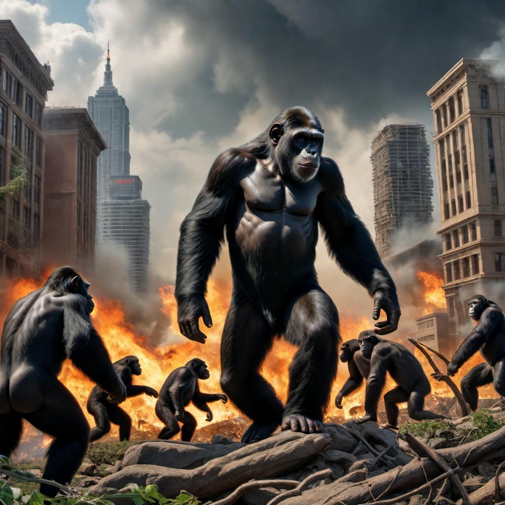  A realistic 3D scene depicting a dramatic uprising of apes taking over the world. The setting includes a modern city in chaos, with buildings being overtaken by nature and vines, and the sky filled with storm clouds. The apes are highly intelligent, using tools and weapons, and are organized in their revolt. Some apes are swinging from building to building, while others are on the ground, engaging in conflict with humans. The imagery includes intense expressions of determination on the apes' faces, fires burning, and the humans appearing overwhelmed and desperate. The overall atmosphere is tense, chaotic, and evokes a sense of impending domination and transformation of the world. hyperrealistic, full body, detailed clothing, highly detailed, cinematic lighting, stunningly beautiful, intricate, sharp focus, f/1. 8, 85mm, (centered image composition), (professionally color graded), ((bright soft diffused light)), volumetric fog, trending on instagram, trending on tumblr, HDR 4K, 8K