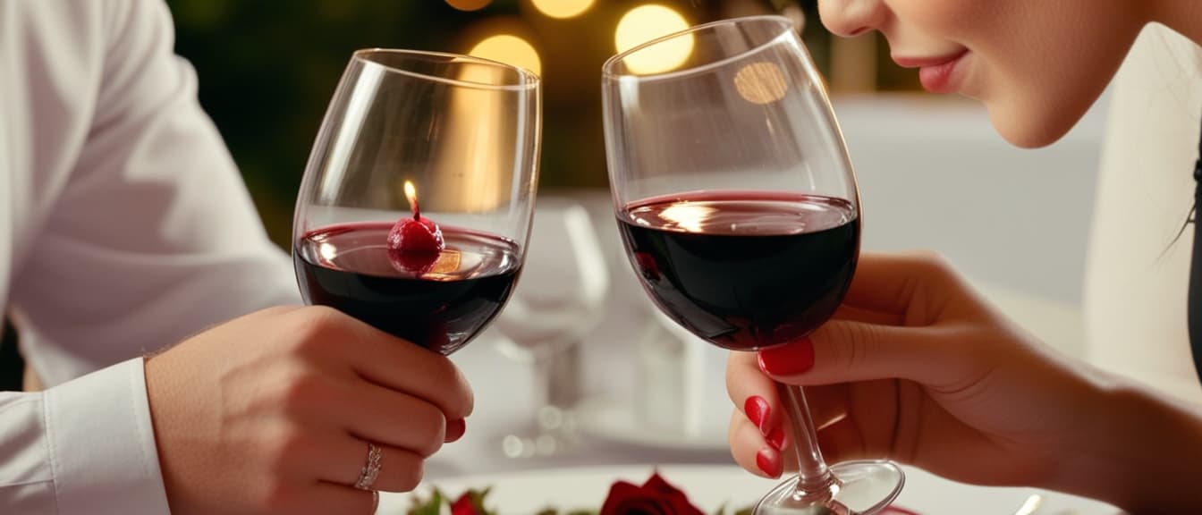  Macro Photography, Young lovely couple on a date at a romantic restaurant, raising their glasses of red wine to toast each other on valentine's day, close up, macro 100mm, macro photography