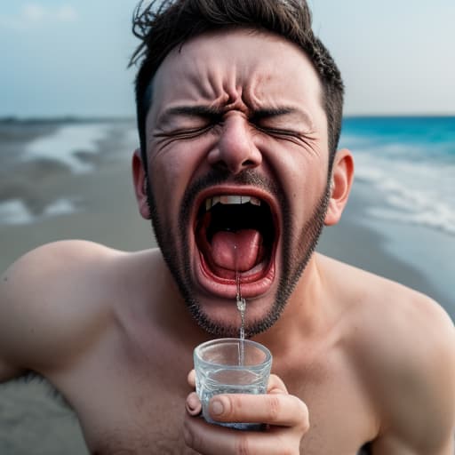  a man screaming on the beach and hold a broken glass cup