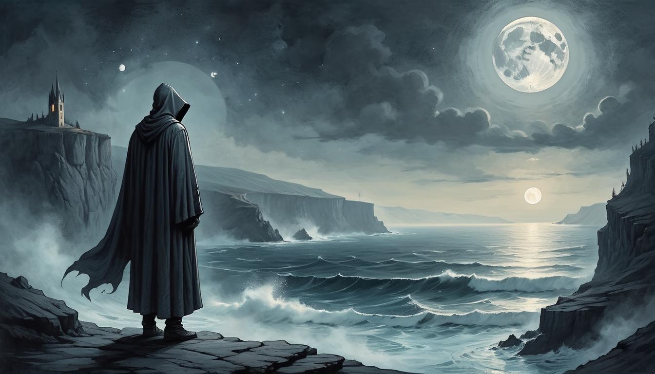  on parchment, surrealism+++, A lone figure cloaked in hooded robe, standing at the edge of a cliff, looking out over a vast, dark ocean, moon casting silver light on water, enigmatic, powerful(mysterious, provocative, symbolic,muted color)+++