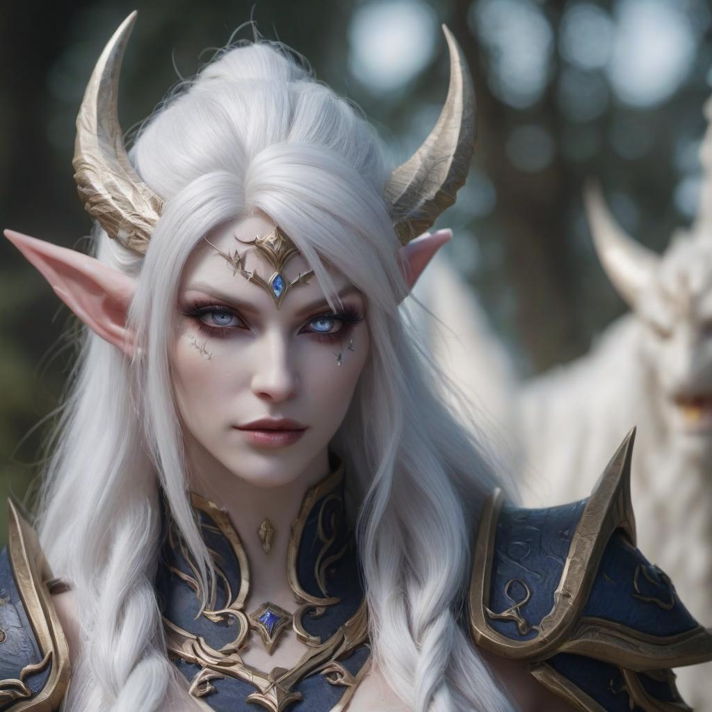  breathtaking Night elf albino from World of Warcraft . award winning, professional, highly detailed hyperrealistic, full body, detailed clothing, highly detailed, cinematic lighting, stunningly beautiful, intricate, sharp focus, f/1. 8, 85mm, (centered image composition), (professionally color graded), ((bright soft diffused light)), volumetric fog, trending on instagram, trending on tumblr, HDR 4K, 8K