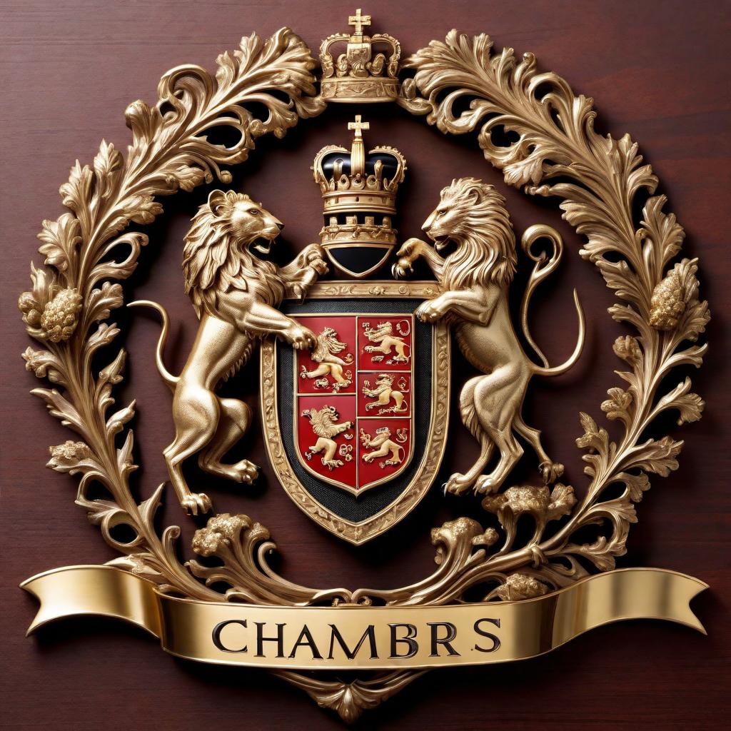  Recreate the family crest for the name 'Chambers' with the same rich and intricate design featured in the provided image. Retain the traditional heraldic elements such as the shield, helmet, and symbols like a lion, an oak tree, and a castle. Add the word 'CHAMBERS' in bold, gold letters at the top or bottom of the design. Ensure the lettering is integrated elegantly into the overall crest to enhance its historic and dignified look. hyperrealistic, full body, detailed clothing, highly detailed, cinematic lighting, stunningly beautiful, intricate, sharp focus, f/1. 8, 85mm, (centered image composition), (professionally color graded), ((bright soft diffused light)), volumetric fog, trending on instagram, trending on tumblr, HDR 4K, 8K