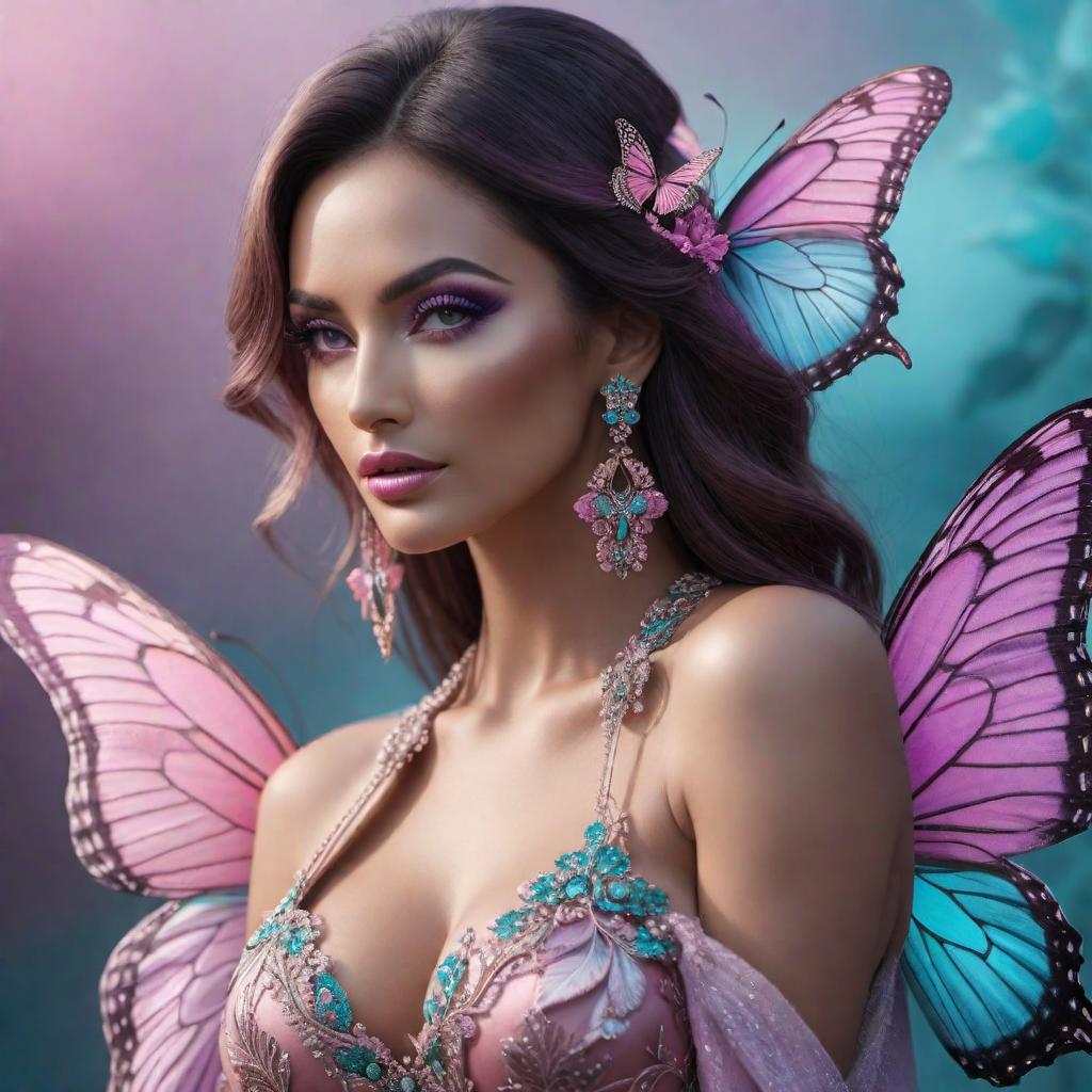  Please draw a beautiful butterfly with pink, purple, and turquoise colors, with its wings wide open. hyperrealistic, full body, detailed clothing, highly detailed, cinematic lighting, stunningly beautiful, intricate, sharp focus, f/1. 8, 85mm, (centered image composition), (professionally color graded), ((bright soft diffused light)), volumetric fog, trending on instagram, trending on tumblr, HDR 4K, 8K